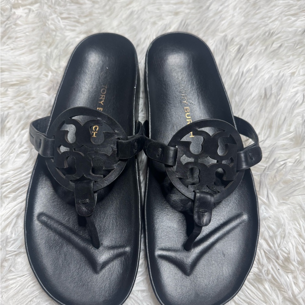 Tory Burch Black Miller Leather Thong Sandals with Logo Medallion